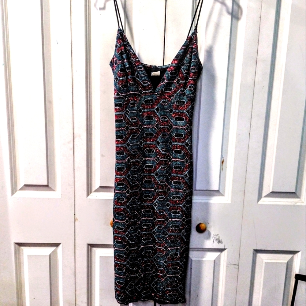 Vtg Gibiu Spaghetti String Blk,Grn,Red Sparkle Design Midi Dress Size L